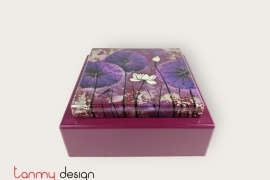 Purple square lacquer box painted with lotus 24 cm 